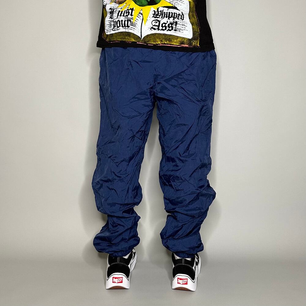 Vintage 90s Track Pants Mens L Baggy Fit Navy Blue Nylon Joggers Ankle Zippers - Picture 3 of 5